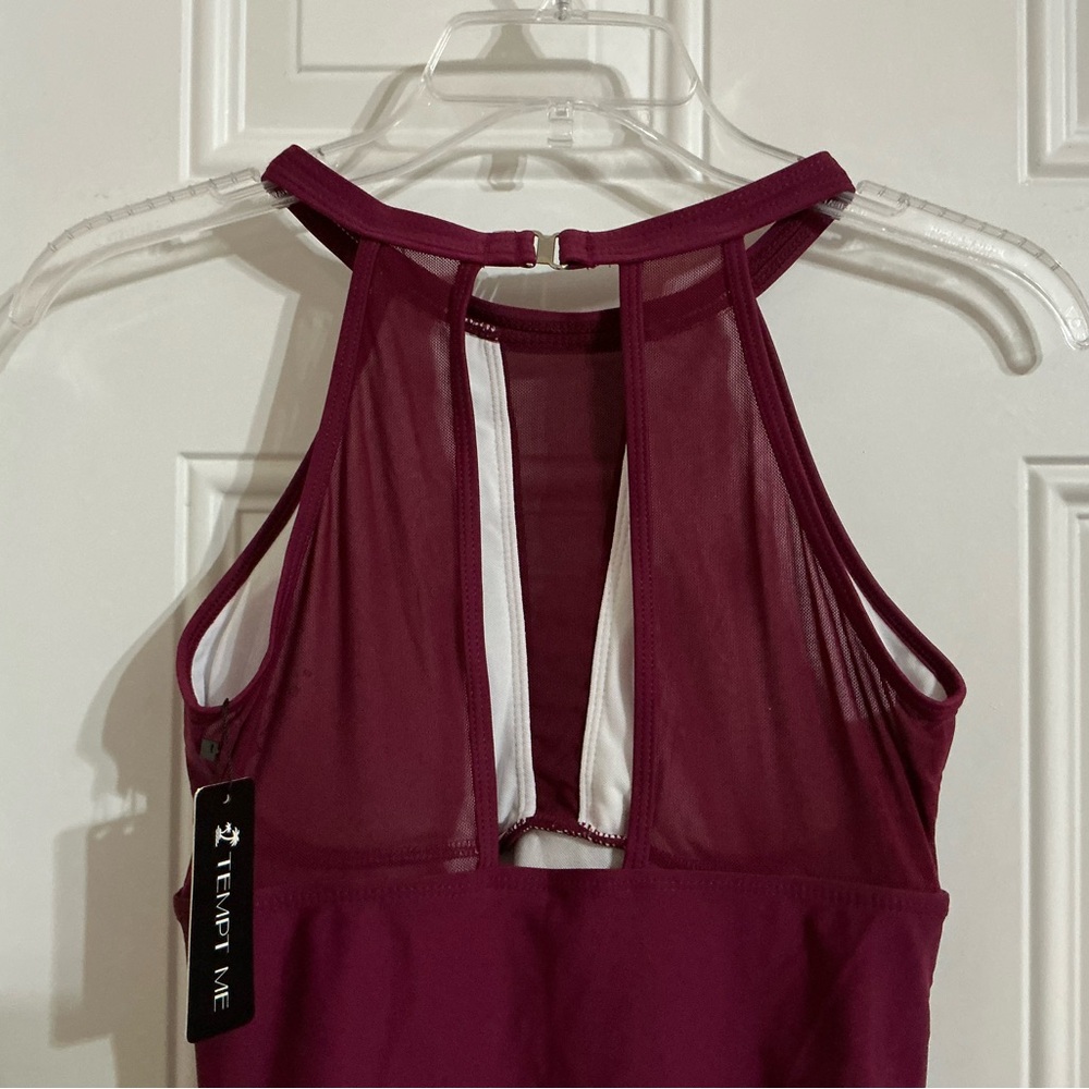 New Tempt Me Burgundy One Piece High Neck Plunge Mesh Ruched Swimsuit Size S - Picture 8 of 10
